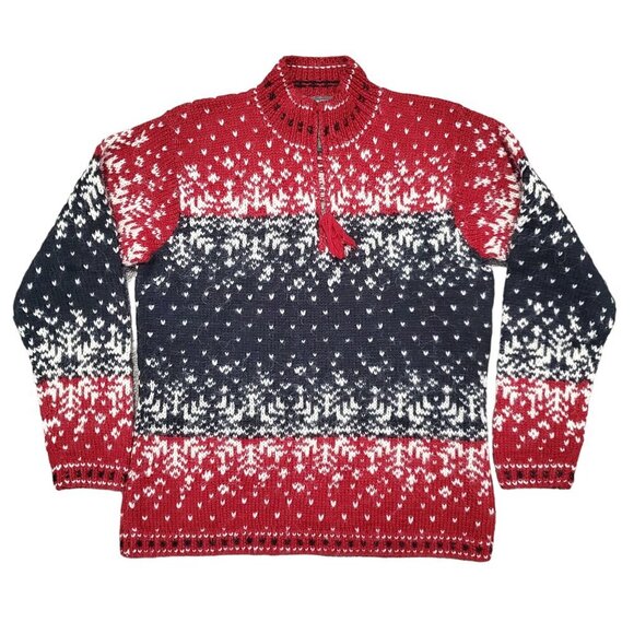 Vintage Lauren Ralph Lauren Hand Knit Wool Red Snowflake Quarter Zip Sweater - M - Picture 1 of 8